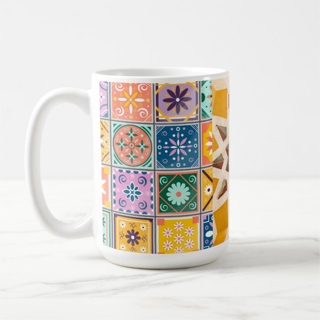 Caneca De Café Padrão de Mosaico Azul e Amarelo (Esquerda)