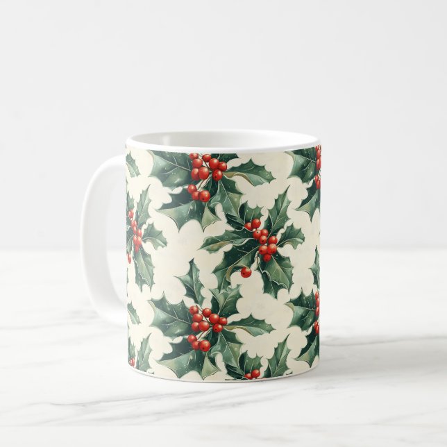 Caneca De Café Padrão de Natal com Holly Leaves e Red Berry (Frente Esquerda)