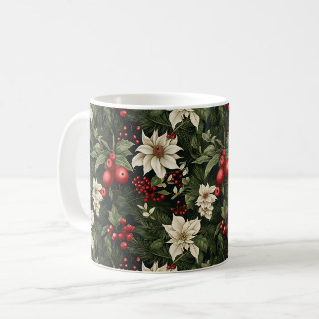 Caneca De Café Padrão de Natal de Poinsettia Botânica (Frente Esquerda)