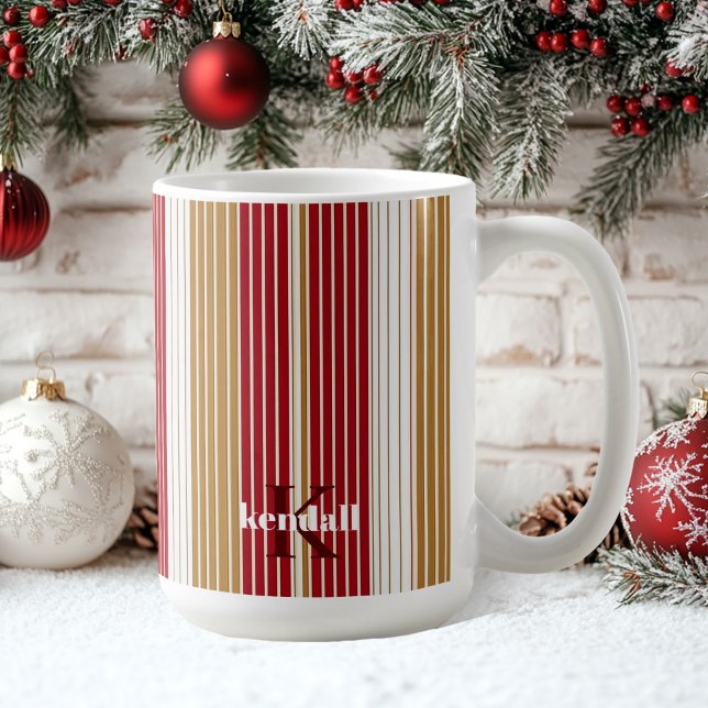Caneca De Café Padrão de Natal do Pinstripe Dourado Vermelho nº 2 (Criador carregado)