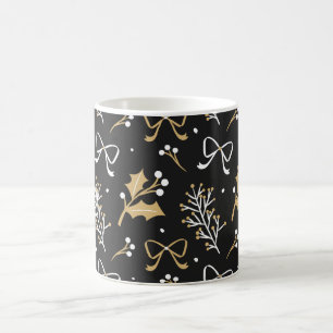Caneca De Café Padrão de Natal Elegante Black Mistletoe Ribbon