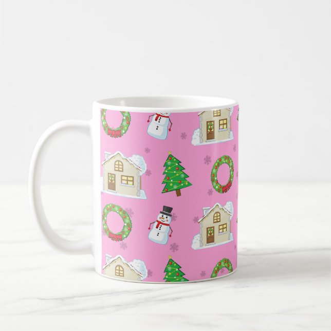 Caneca De Café Padrão de Natal - Fundo Rosa (Esquerda)