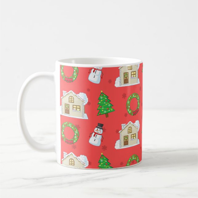 Caneca De Café Padrão de Natal - Fundo Vermelho (Esquerda)
