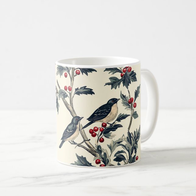 Caneca De Café Padrão de Natal Rustic Bird and Poinsettia (19) (Frente Esquerda)
