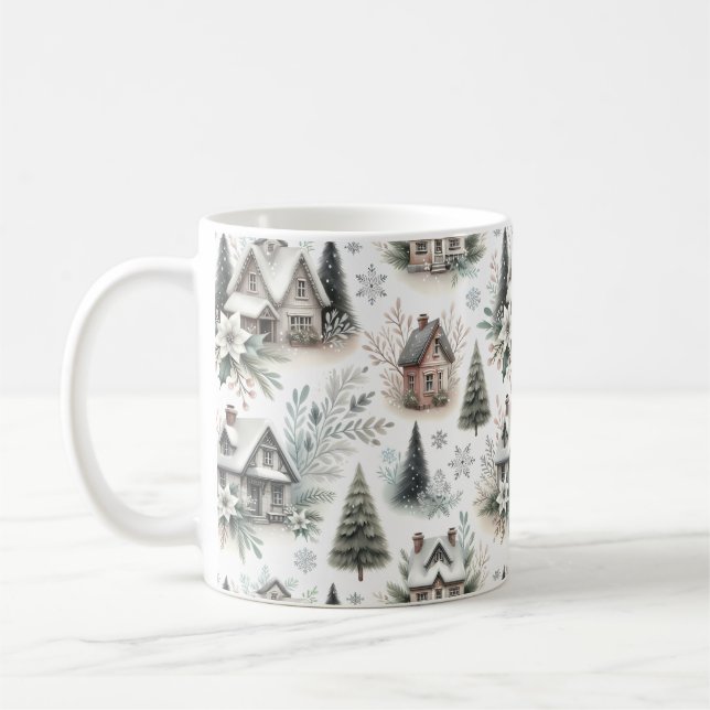 Caneca De Café Padrão de Neve da Cabana de Inverno (Esquerda)
