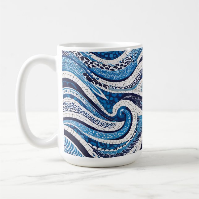 Caneca De Café Padrão de onda branca azul 05 (Esquerda)