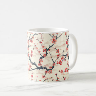 Caneca De Café Padrão de Onda de Marfim Flor de Cerejeira Vermelh