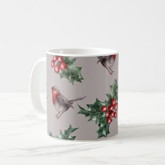 Caneca De Café Padrão de Pássaros Robin das Cintas de Natal (Frente Esquerda)