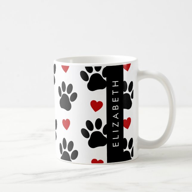 Caneca De Café Padrão De Patas, Patas Negras, Corações Vermelhos, (Direita)