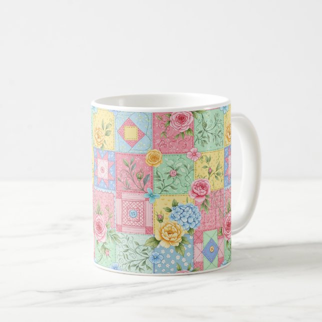 Caneca De Café Padrão de Patchwork de Rosa Romântica (Frente Esquerda)
