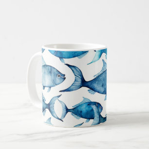 Caneca De Café Padrão de peixe marinho azul de aquarela. Animal n