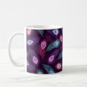 Caneca De Café Padrão de penas de pavão puxadas à mão. Vint