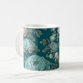 Caneca De Café Padrão de Pêonias Azuis num Fundo Verde