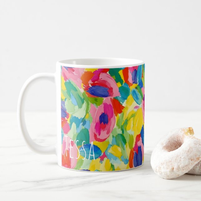Caneca De Café Padrão de Pincelada Abstrata e Negrito (Com Donut)