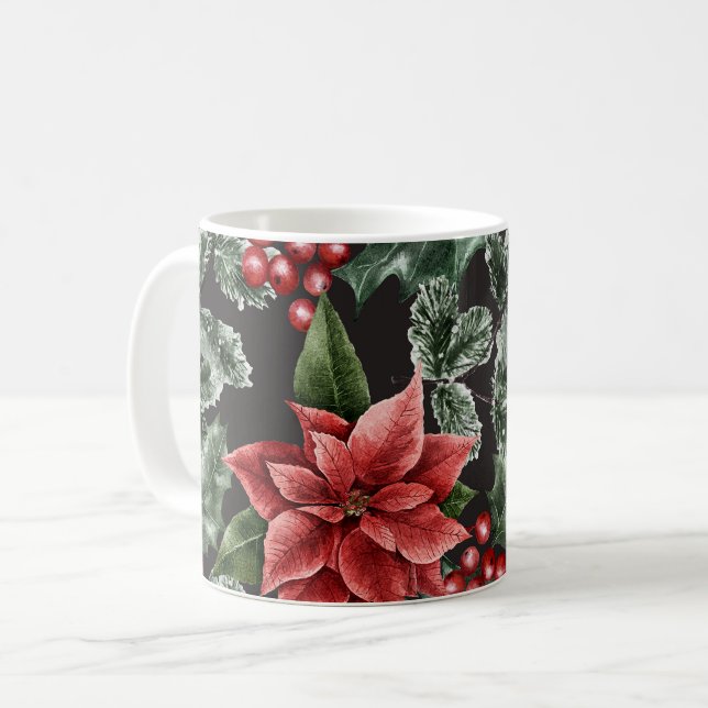 Caneca De Café Padrão de Poinsettia da Aquarela Natal (Frente Esquerda)