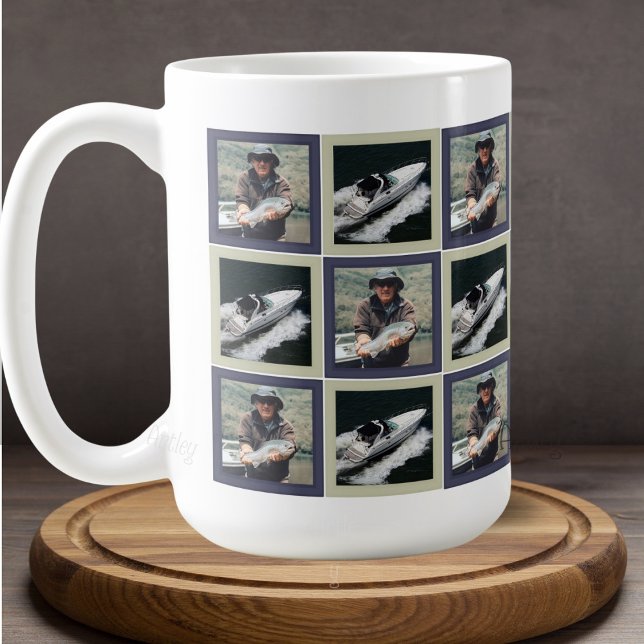 Caneca De Café Padrão de Quadrados de Patchwork Azul com Duas Fot (Criador carregado)