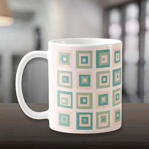 Caneca De Café Padrão de Quadrados Verde Creme Moderno de Meados 