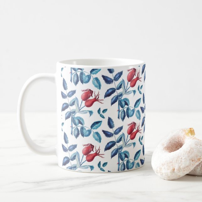Caneca De Café Padrão de Quadris de Rosa em Aquarela (Com Donut)
