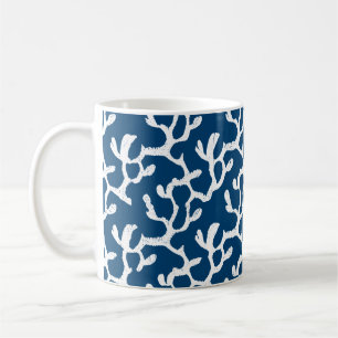 Caneca De Café Padrão De Repetição De Coral Abstrato Azul E Branc