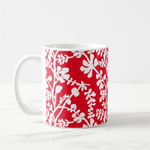 Caneca De Café Padrão De Repetição De Plantas Vermelhas E Brancas