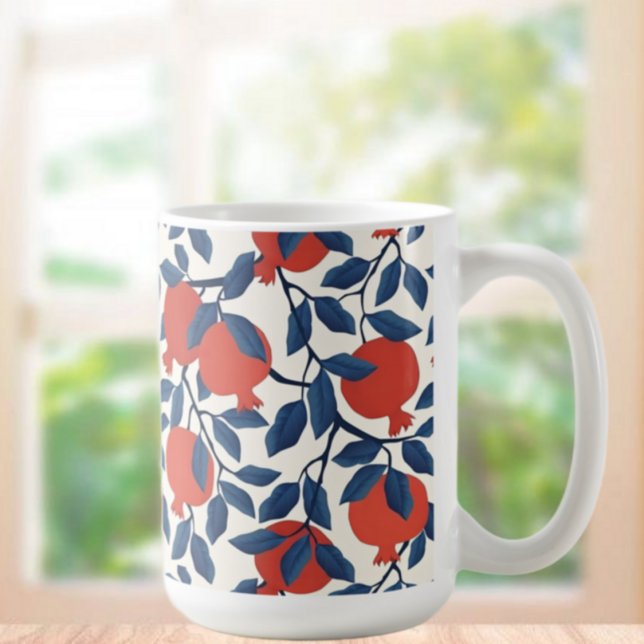 Caneca De Café Padrão de Romã, Vermelho Vibrante e Azul Botânico (Criador carregado)