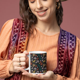 Caneca De Café Padrão de rosa e Folhas