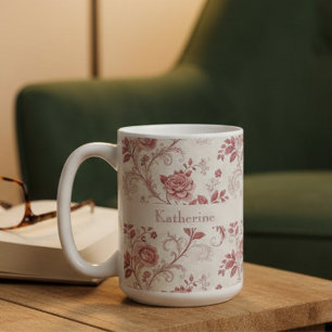 Caneca De Café Padrão de Rosa Empoeirada Toile De Jouy Vintage No