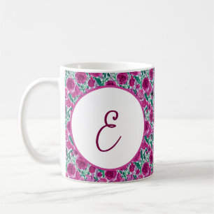 Caneca De Café Padrão de rosas rosa profundo monograma
