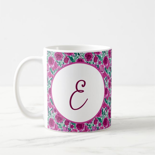 Caneca De Café Padrão de rosas rosa profundo monograma (Esquerda)