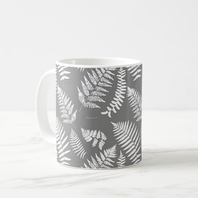 Caneca De Café Padrão de Samambaia da Floresta, Cinza e Branco (Frente Esquerda)