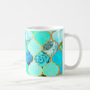 Caneca De Café Padrão de Sereia Verde Azul, Teal, Dourado
