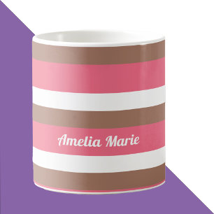 Caneca De Café Padrão de Stripe Mocha Brown Cor-de-rosa Personali