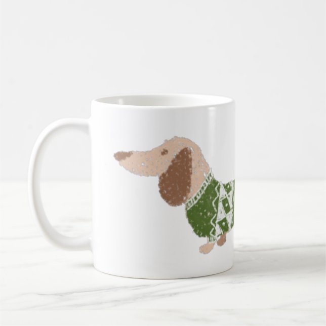 Caneca De Café Padrão de Suéter de Natal Feio Verde Dachshund (Esquerda)