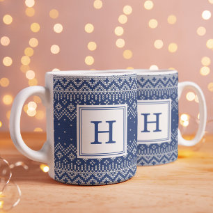 Caneca De Café Padrão de Suéter Nórdico Marinho Monograma Feriado