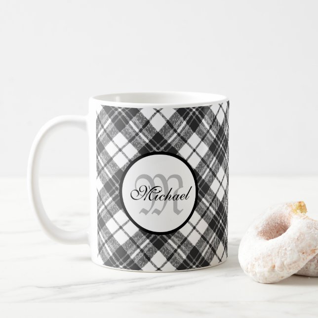 Caneca De Café Padrão de Tartan Gratuito Gratuito Monograma Branc (Com Donut)