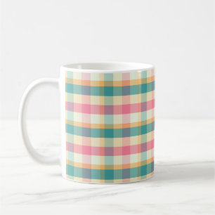 Caneca De Café Padrão de Tecido Xadrez Rosa Vibrante e Azul Turqu