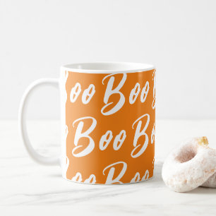 Caneca De Café padrão de texto boo laranja branco de Halloween
