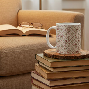 Caneca De Café Padrão de Treliça Floral Rosa Clássico