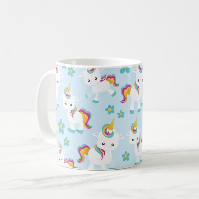 Caneca De Café Padrão De Unicórnios, Unicórnios Fofos, Flores (Frente Esquerda)