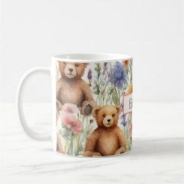Caneca De Café Padrão De Urso De Cartonagem Com Flores De Aquarel
