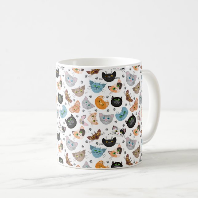 Caneca De Café Padrão de vários rostos de gatos (Frente Esquerda)