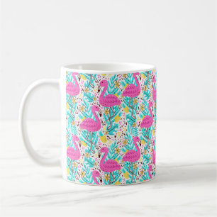 Caneca De Café Padrão de verão brilhante com flamingo, corações,