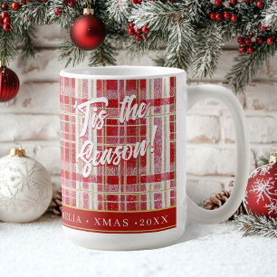 Caneca De Café Padrão de Xadrez de Natal Dourado vermelho nº 2 ID