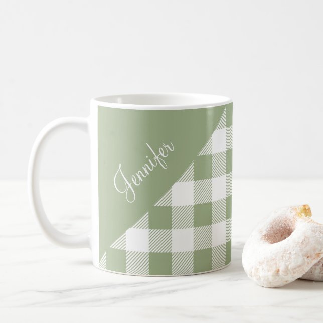 Caneca De Café Padrão de Xadrez Verde de Sage Personalizado (Com Donut)