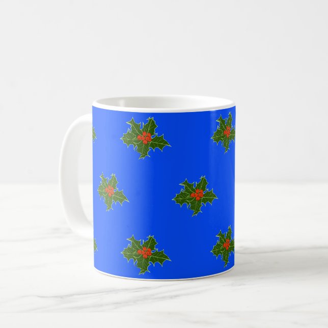 Caneca De Café Padrão decorativo de Natal Holly em azul (Frente Esquerda)