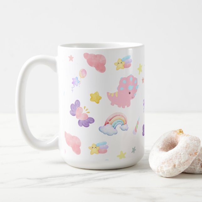 Caneca De Café Padrão do pastel arco-íris de dinossauro rosa-doce (Com Donut)