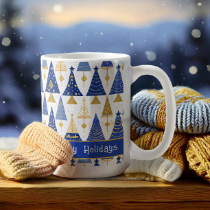 Caneca De Café Padrão Dourado de Feliz de Natal Azul nº 25 ID1009