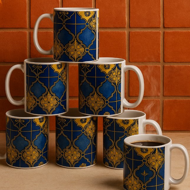Caneca De Café Padrão Dourado e azul elegante marroquino (Moroccan pattern blue gold ceramic coffee mugs on a kitchen counter. Buy in sets for family/guests)