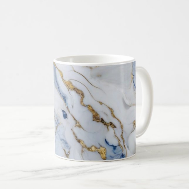 Caneca De Café Padrão elegante de granito branco de ouro azul (Frente Esquerda)