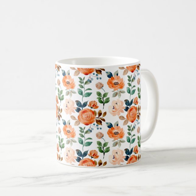 Caneca De Café Padrão Elegante e Sem Costura de Flores em Aquarel (Frente Esquerda)